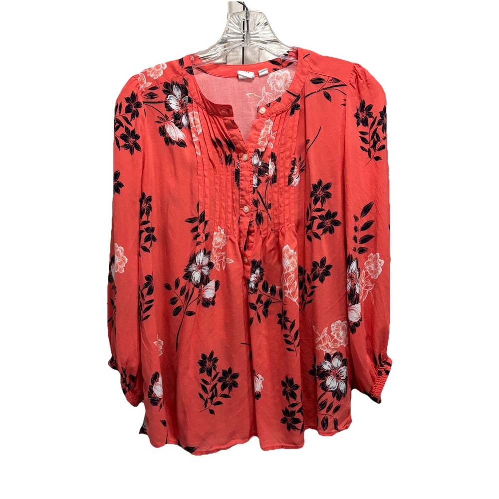 Gap Orange/Black/White Floral Blouse 3/4 Sleeve Size S Pleated Button Up